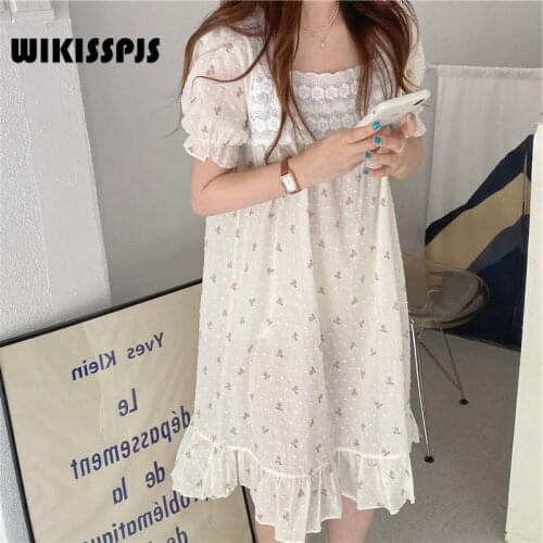 WIKISSPJS 2021 Summer New Sweet Lace Bubble Sleeve Floral Square Collar Home Dress Lace Sleepwear Night Gown Sleeping Dress