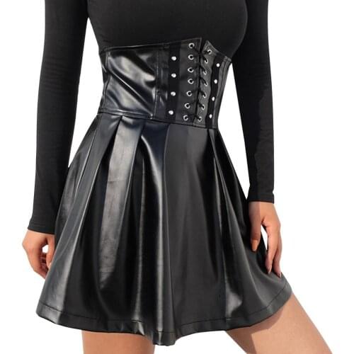 PU Leather Skirt High Waist Harness Strappy Belt Cage Gothic Punk Plus Size Party Rave Wear Women Sexy Lingerie Body Dress Mini