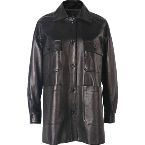 YOLOAgain Women Genuine Leather Jacket Single Breated Oversized Leather Shirt Blouse Ladies