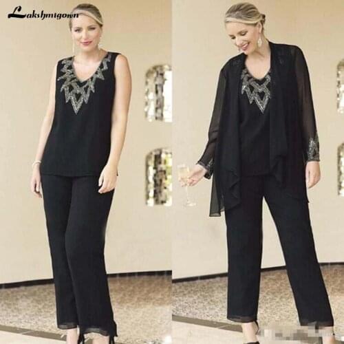 Black Mother Of The Bride Dresses Pant Suits with Wrap Chiffon 3 Pieces Plus Size Mothers Formal Dresses for Wedding Party