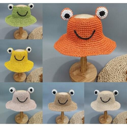 2021 6 Colors Kids Baby Straw-Weaving Hat Cute Cartoon Frog Shape Empty Top Cap with Wide Brim Summer Beach Outdoor Straw Hat