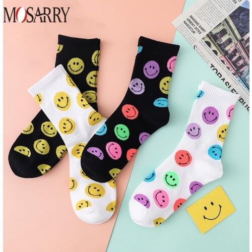 3 Pairs/Set Women Socks Smiley Print Cute Korea Fashion Comfortable Spring Autumn Cotton Kawaii Smile Face Funny Happy Sock