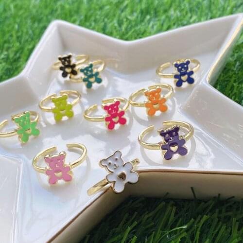 5PCS, Trendy Cute Love Heart Mini Bear Finger Ring Sweet Candy Colors Enamel Open Ring For Women Punk Party Jewelry Gift