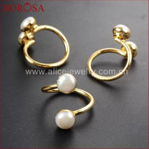 BOROSA Design 5 pcs Druzy Gold Color Double Natural Freshwater Pearl Adjustable 5~7mm Wrap Ring For Women G1097