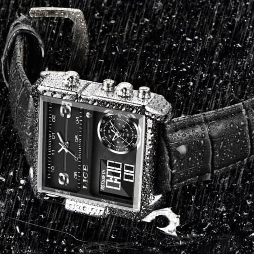 LIGE 2021 brand men sports watches 3 time zone big man fashion military LED watch leather quartz wristwatches relogio masculino