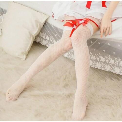 White Cosplay Stockings Women Girl Knee High Socks Nurse Bowknot Fishnet Thigh High Stockings New Sexy Costumes Medias De Mujer