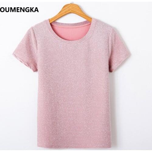 OUMENGKA 2020 Summer Shiny Lurex Tops Women Basic T-Shirt Casual O-Neck Tee Shirt Woman Solid T Shirt Short Sleeve Good Elastic