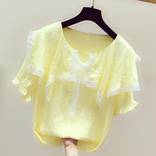 Summer Girl Shirts Women Korean Lace Bowknot Peter Pan Collar Short Sleeve Blouse Female Students Leisure Solid Color Top H9099