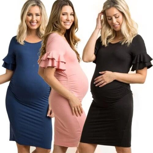 Summer Womens Pregnants Dresses Solid Color Ruffled Sleeve Casual Long Black Dress Maternity Femme Pregnancy Clothes Gown