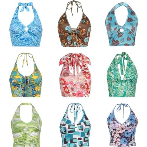 Sexy Women Floral Print Vest Tops Summer Ladies Backless Sleeveless Halter Tank Multiple Styles Casual Camisole