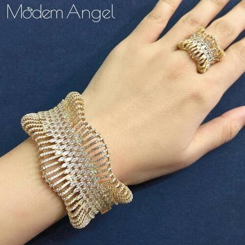 ModemAngel luxury Statement African Gold Bangle Ring Sets For Women Wedding Cubic Zircon Crystal CZ Dubai Bridal Jewelry Sets
