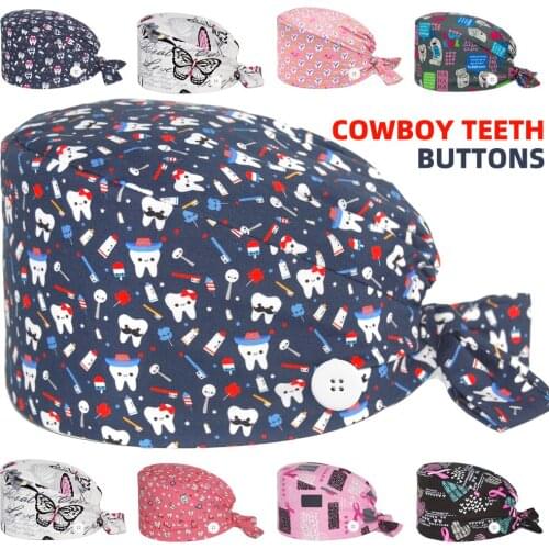 Cartoon Working Cap with Buttons Adjustable Cotton Nursing Hats Lab Dentist Clinic Scrub Hat Unisex Anime Print Surgicals Caps