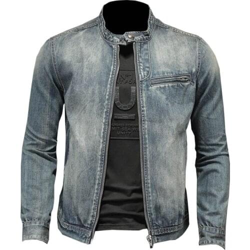 Mcikkny Men Retro Biker Denim Jackets Slim Fit Solid Color Motorcycle Outwear Tops For Male Spring Autumn