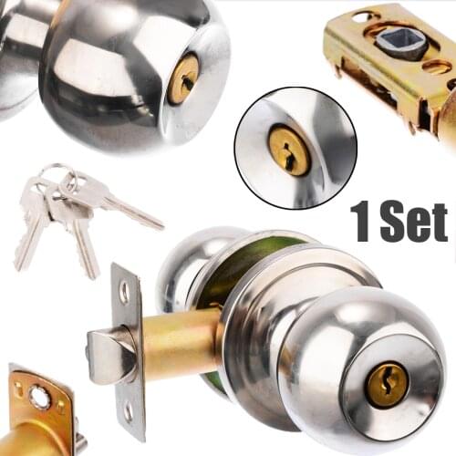 1Set Stainless Steel Round Ball Privacy Sliver Door Knob Set Bathroom Handle Lock With Key Door Hardware