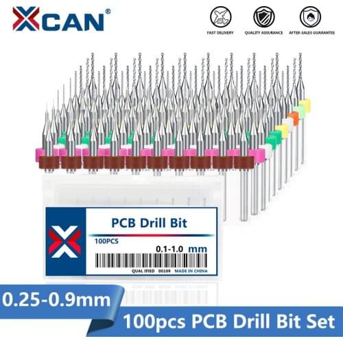 XCAN Carbide PCB Drill Bit Set 100pcs 0.25-0.9mm 1/8'' Shank Mini Hole Drill Cutter PCB Circuit Board Drilling Tool