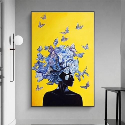 Abstract Girl with Butterfly Nordic Canvas Painting Yellow Blue Posters and Print Cuadros Wall Art Picture for Living Room Decor