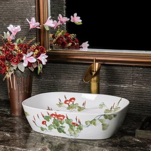 Above counter basin, hand-painted basin, household bathroom, antique art washbasin, ceramic wash basin, morning glory