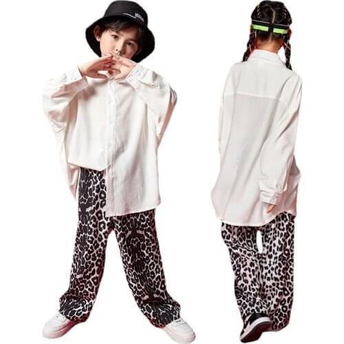 Oversize Long Sleeve Shirt Leopard Pants Boygs Girls Kids Streetwear Hip Hop Loose Casual Shirt Trousers Children Stage Clothing