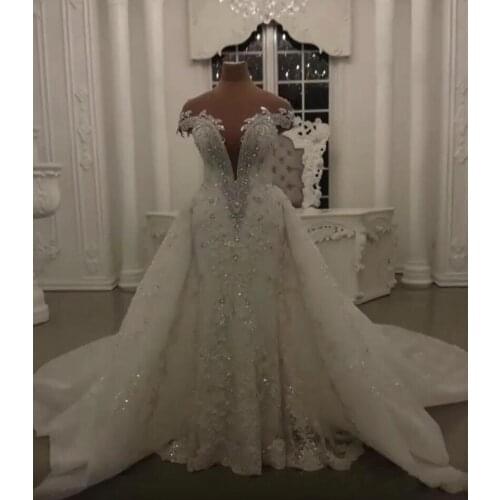 Modest Mermaid Wedding Dresses with Detachable Skirt Shining Sequins Crystals Beads Appliques Sheer Neck Backless Bridal Gowns