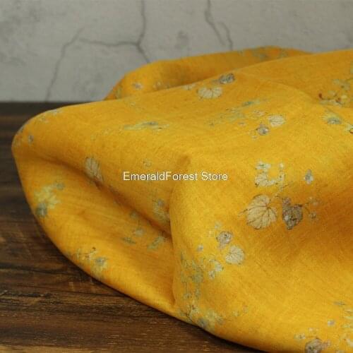 High-quality ramie printed fabric, summer new style, fine ramie ginger yellow flower fabric