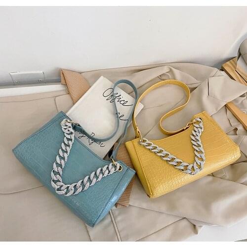 Vintage Women PU Leather Alligator Pattern Rhinestone Thick Chain Shoulder Underarm Bag Casual Ladies Solid Color Small Handbags