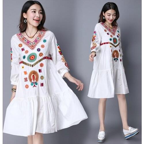 Vintage 70s Mexican Boho Hippie Floral Embroidered Ethnic Loose White Long Chic Women Dress Free Shipping DB469