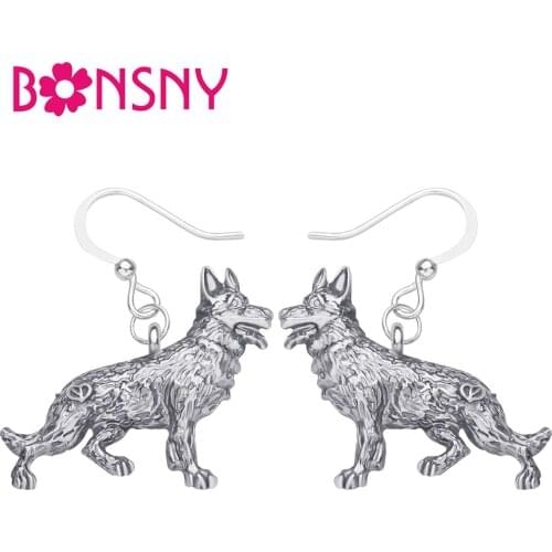 Bonsny Plated Alloy Antique Gold Germany Shepherd Dog Earrings Cute Metal Animal Drop Dangle Jewelry For Young Party Charm Gift