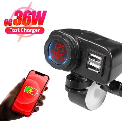 QC3.0 Usb Charger Motorcycle Quick Charge Plug Kit Voltage Temperature Display Cable Switch On/Off Waterproof Dual Usb 12V 24V
