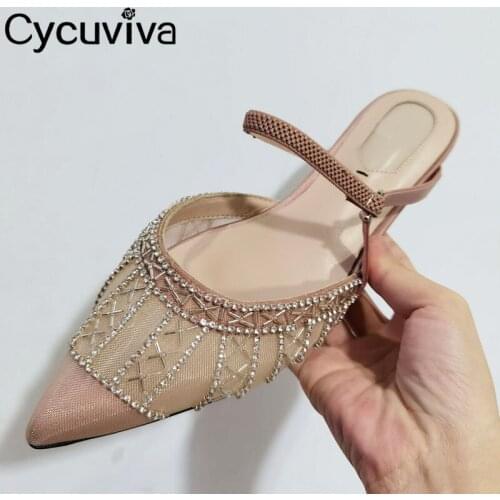 Sexy Rhinestone Women Flat Slippers Pointed Toe Slingback Buckle Ladies Slides Summer Air Mesh Mules Runway Dress Shoes Woman