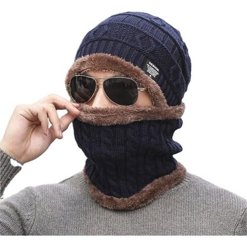 Winter mens hat Bib two piece set thickened Plush riding knitted hat ear protection warm woolen hat wholesale