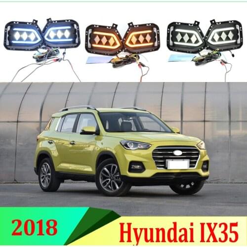 2pcs For Hyundai IX35 2018 2019 LED Daytime Running Lights DRL with Fog lamp hole Yellow Turn Signal lamp Blue Night light