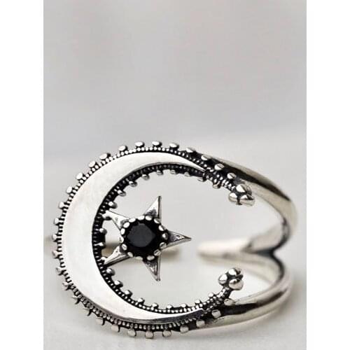 2020 New S925 Sterling Silver Black Five-pointed Star Ring Fashion Womens Finger Ring Thailand Silver Do Old Retro Open Ring