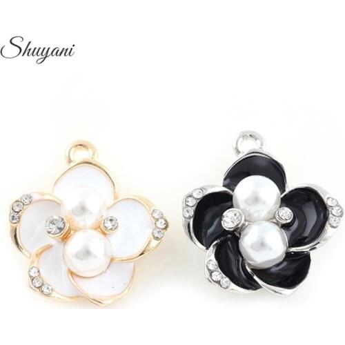 23*20mm Cute Simulated Pearls Rhinestone Flower Bracelets Necklaces Pendant Alloy Metal Charms