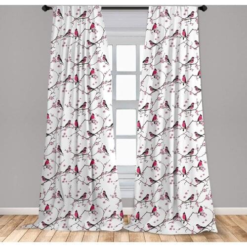 Asian Window Curtains Sakura Flowers with Bullfinch Birds Branches Nature Animals Plants Spring Season Window Drapes
