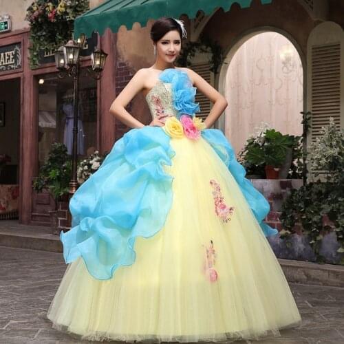 Free ship yellow and blue sequined bowknot ball gown long dress Medieval dress Renaissance gown royal dress Victoria dress