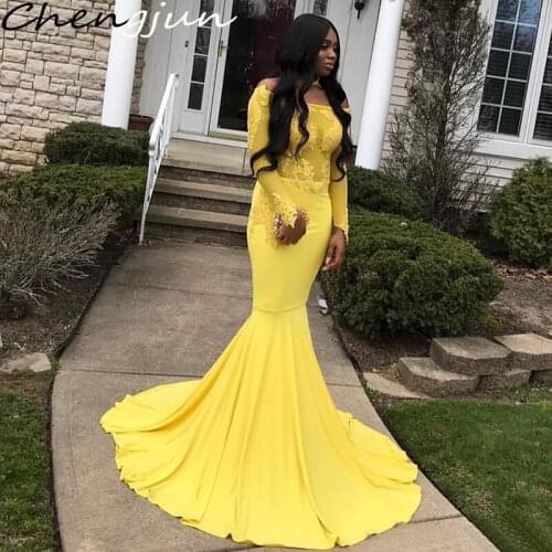 Chengjun Yellow Full Sleeve Off Shoulder Long Mermaid Sexy Women African Evening Dress