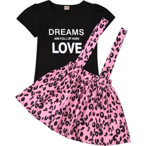 Citgeett Summer 2-7Years Kids Girls Clothes Sets 2pcs Letter Short Sleeve T-Shirt+ Leopard Print Suspender Skirt Set