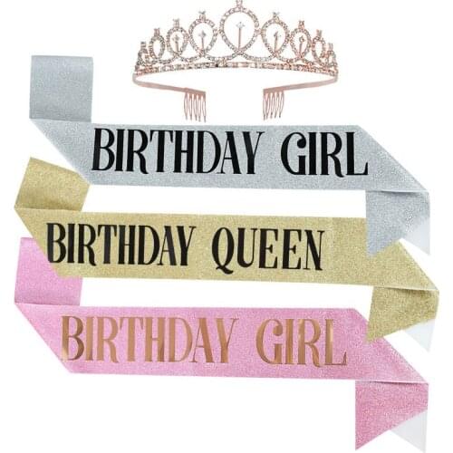 Rose Gold Glitter Birthday Sash Rhinestone Tiara Crystal Crown Girl Birthday Queen Satin Ribbon Sash Birthday Party Decoration
