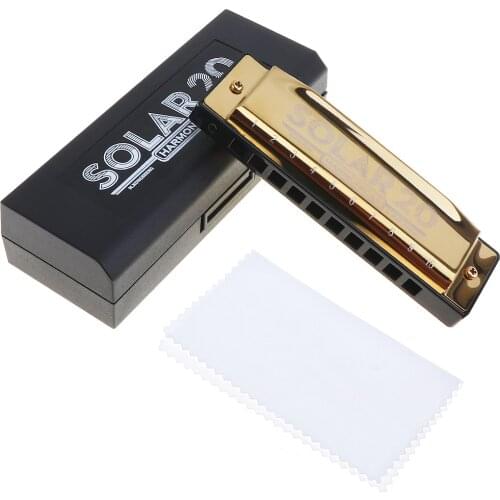 10 Holes Gold Harmonica Diatonic Blues Harp Mouth Organ Key ofC Reed Musical Instruments Stainless Steel for Beginner