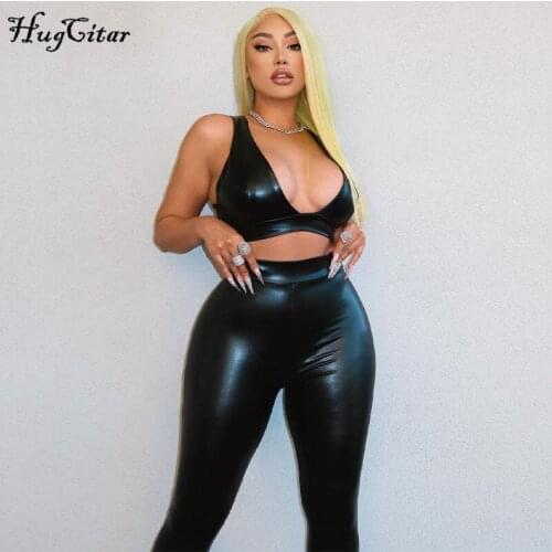 Hugcitar 2020 Sleeveless Solid Pu Leather Backless Bra Top Leggings 2 Pieces Set Autumn Winter Women Sexy Streetwear Tracksuit