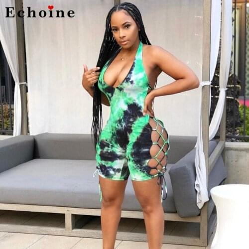 Summer Women Jumpsuit Tie Dye Print Sexy Halter Cross Strap Bandage Lace Up Hollow Out Female Backless Playsuit Onesies Catsuit