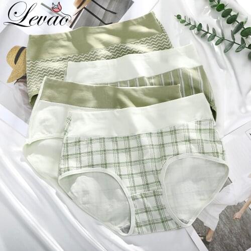 LEVAO Summer Women Plaid Printed Large Size Abdomen No Trace Pure Cotton Ladies Underwear Fresh Girls Triangle Underpants