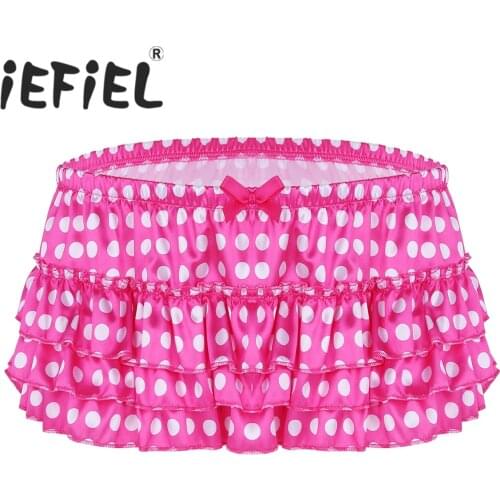 New Arrival Fashion Mens Lingerie Shiny Satin Polka Dots Tiered Ruffles Skirted Panties Sissy Briefs Underwear Triangle Panties