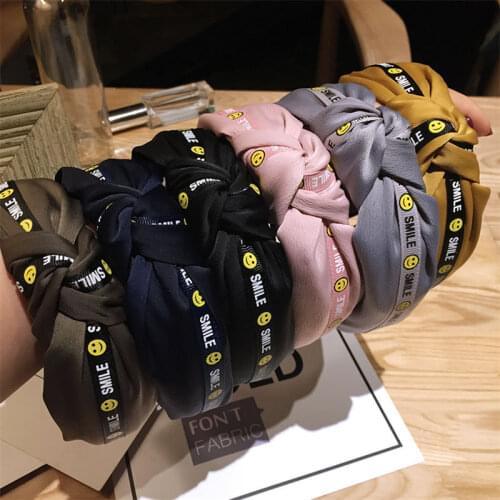 Smile Face Silk Knot Headbands Sweet Handmade Wide Twist Hairbands Hair Hoops Bands Ladies Hair Accessories for Women Girls