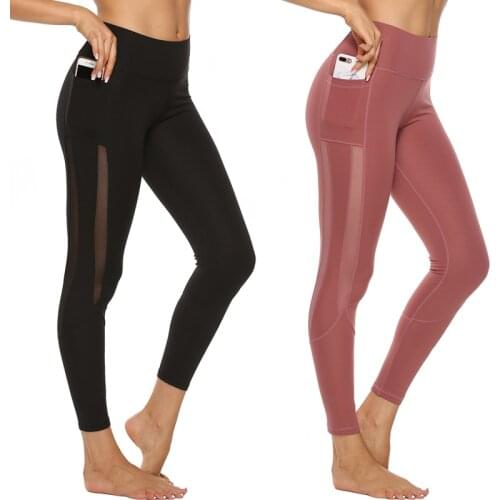 Pocket Solid Sport Yoga Pants High Waist Mesh Sport Leggings Fitness Women Yoga Leggings Training Running Pants Sportswear Women