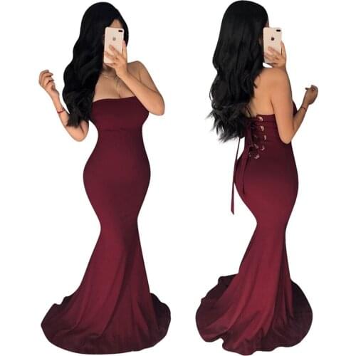 OMSJ Sexy Elegant Party Tube Top Long Dress Womens Off Shoulder Skinny Black/Red/Blue High Waist Lace Up Bodycon Vestido Female