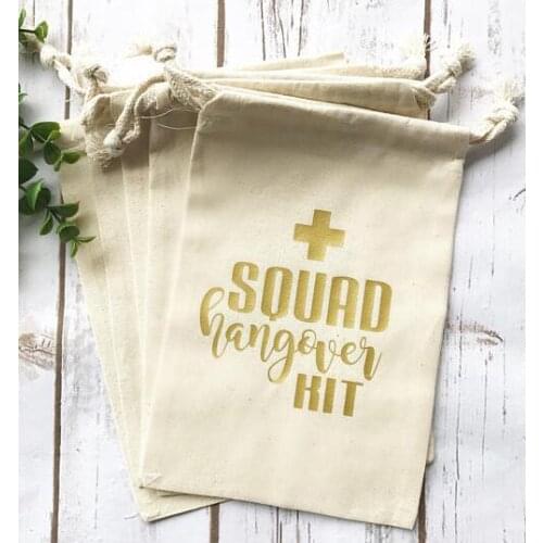 Custom bride squad wedding Bachelorette Hangover recovery Survival kit favor Muslin bags bridal shower party goodie pouches