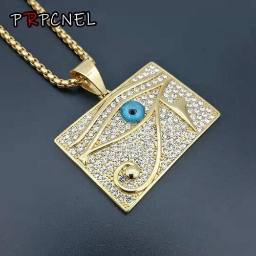 Rock Eye of Horus Bling Square Pendant Necklace Iced Out Full Rhinestone Tag Men Gold color 316L Stainless Steel Rapper Jewelry