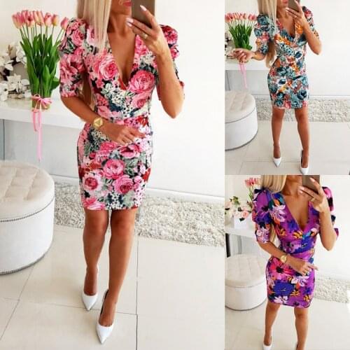 Summer New Womens Deep V Flower Print Slim Slimming Dress Casual Loose Polyester Short Sleeve Print Plus Size Short Dress