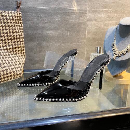 Casual Designer fashion women shoes real leather black studded spikes high heels sandalias de las mujeres mujer 2021